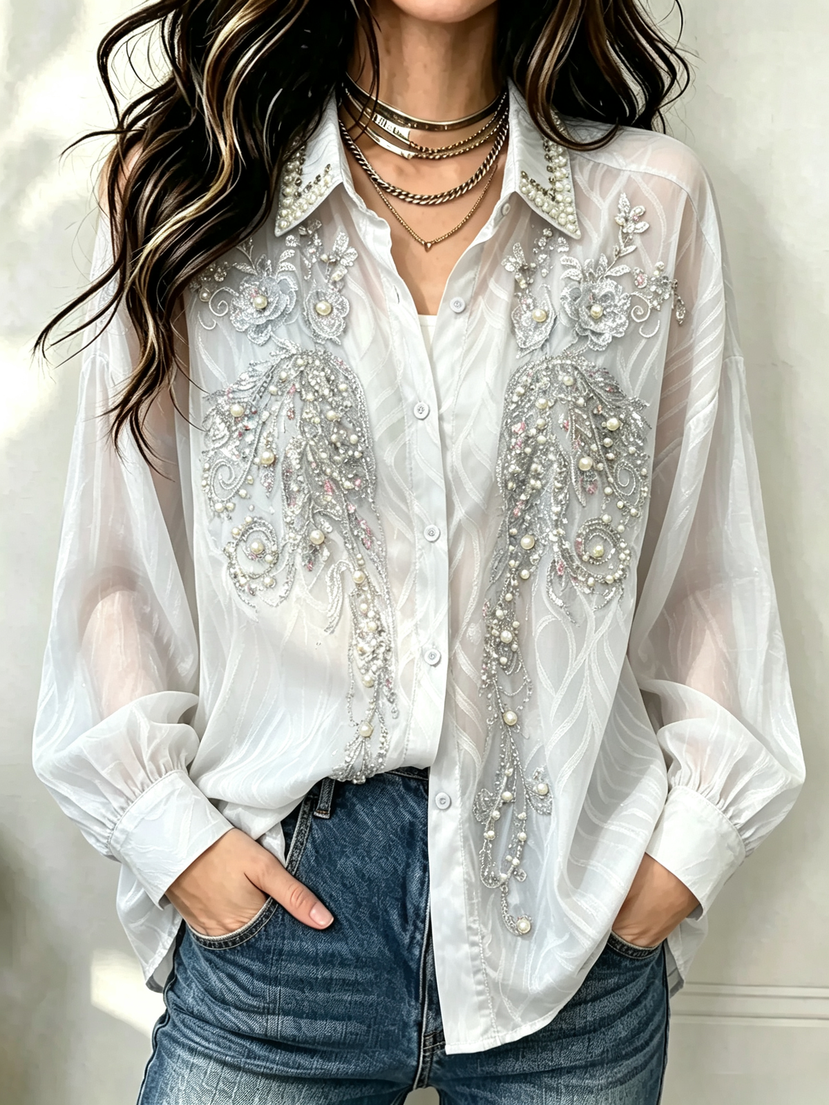Women's Pearl Embellished Sheer Blouse