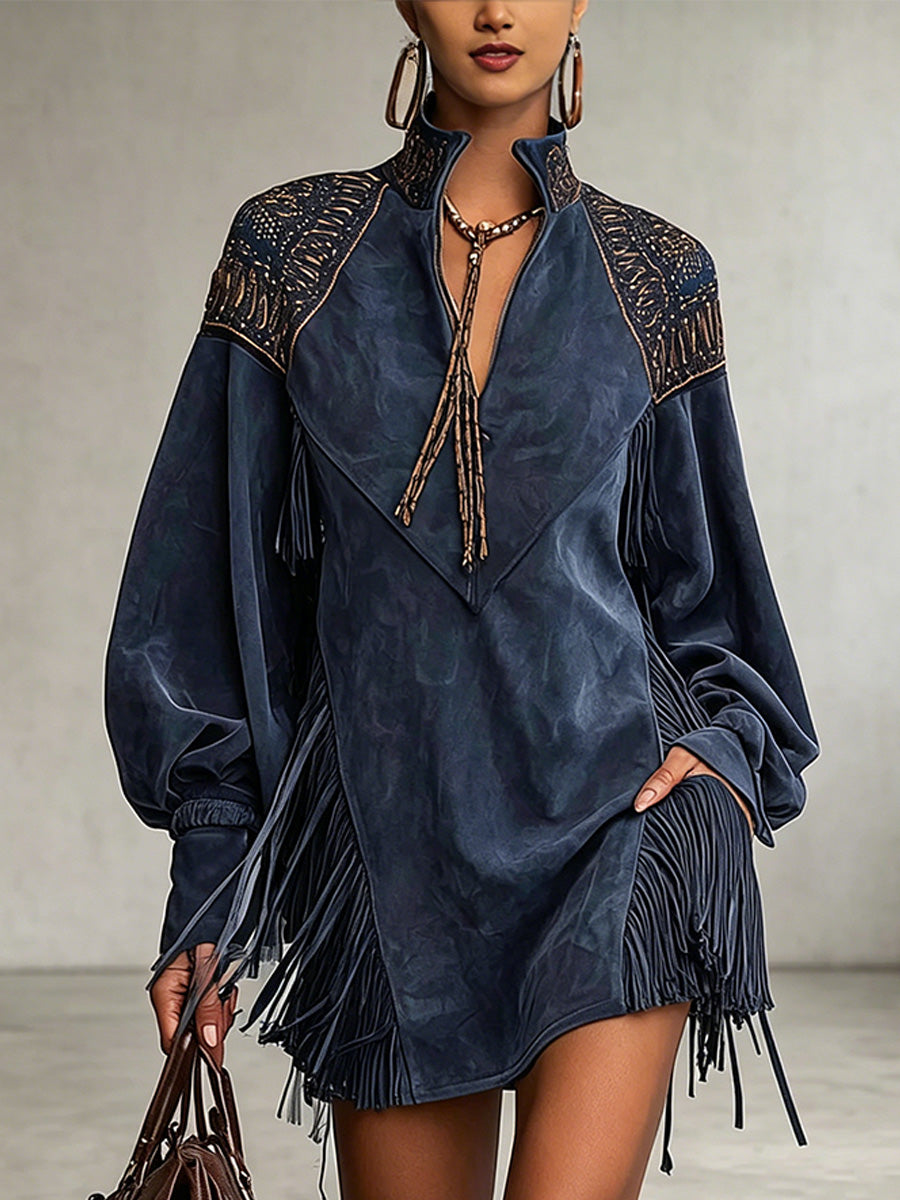 V-neck Embroidered Dress With Tassels