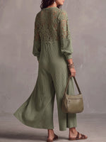 Vintage Elegant Waffle Patchwork Cutout Lace Jumpsuit
