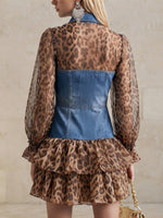 Washed Denim And Leopard-print Chiffon Spliced shirt Dress Featuring A Collared, Button-front Design, A Fitted Waist, And A Double-layered Ruffled Hem