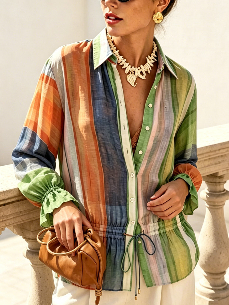 Women's Retro Striped Pattern Print Art Lapel Long Sleeve Casual Stylish Shirt