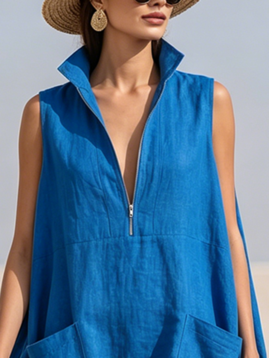 Artfully Tailored Royal Cotton-linen Mini Dress
