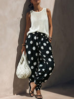 Fresh Casual Round Neck Hollow Sleeveless Knit Top Vintage Big Polka Dot Drawstring Lantern Pant Matching Set