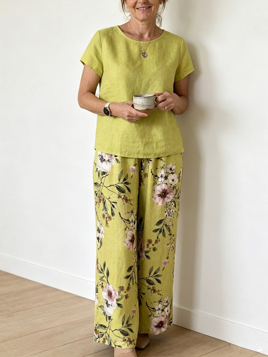 Women's Casual Short Sleeve Top And Floral Pants Cotton And Linen Two-piece Set