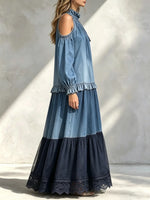 Women Gradient Denin Solid Halter Cold Shoulder Tiered Maxi Dress
