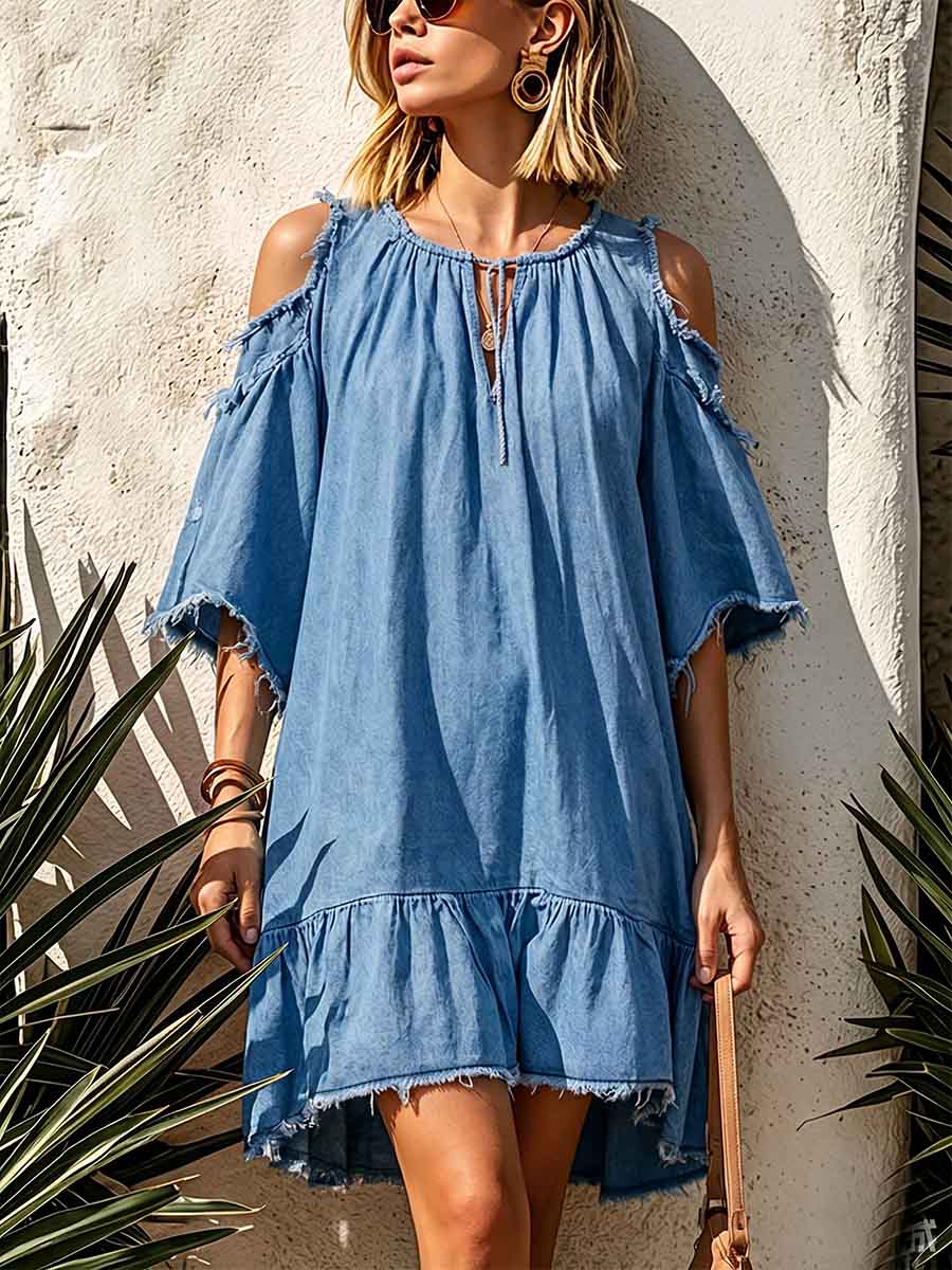 Women's Casual Loose A-line Denim Dress With Round Neck And 3/4 Sleeves