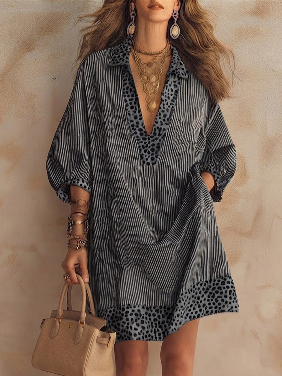 Casual Drop-shoulder Dress Featuring Vertical Stripes, An All-over Leopard Print, And Contrasting-color Panels At The Collar, Cuffs, And Hem