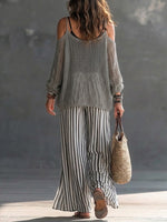 Two-piece Set Featuring A Cozy Off-shoulder Knit Top And Striped Linen-cotton Trousers.