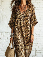 Retro Chic Leopard Pattern Loose Art Casual Short Sleeve Maxi Dress