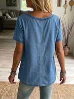 Casual Cotton Denim Top With Cut-out Trim