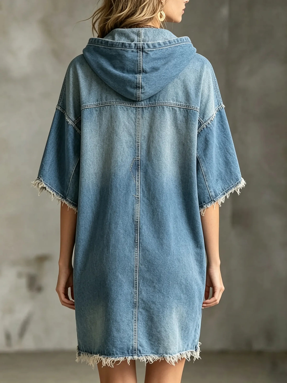 Women's Solid Washed Raw Edge Hooded Pocket Short Sleeve Denim Mini Dress