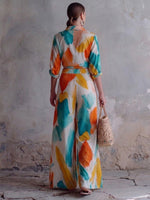 Two-piece Set Featuring An Abstract Brushstroke Print Cotton-linen Shirt And Trousers.