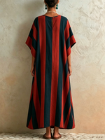 Laid-back Oversized Batwing Sleeve Vertical Stripe Side Pocket Linen Long Dress