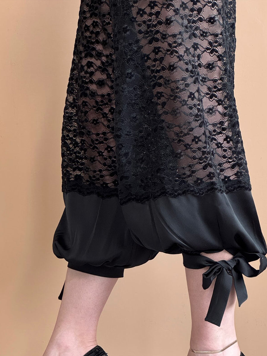 Lightweight Satin Cropped Harem Pants With Star-patterned Lace Inserts
