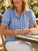 Casual Linen-cotton Plaid Shirt With A Ruffle Collar