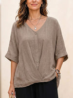 Laid-back Resort Solid V-neck Wooden Button Irregular Cross Hem Linen Shirt