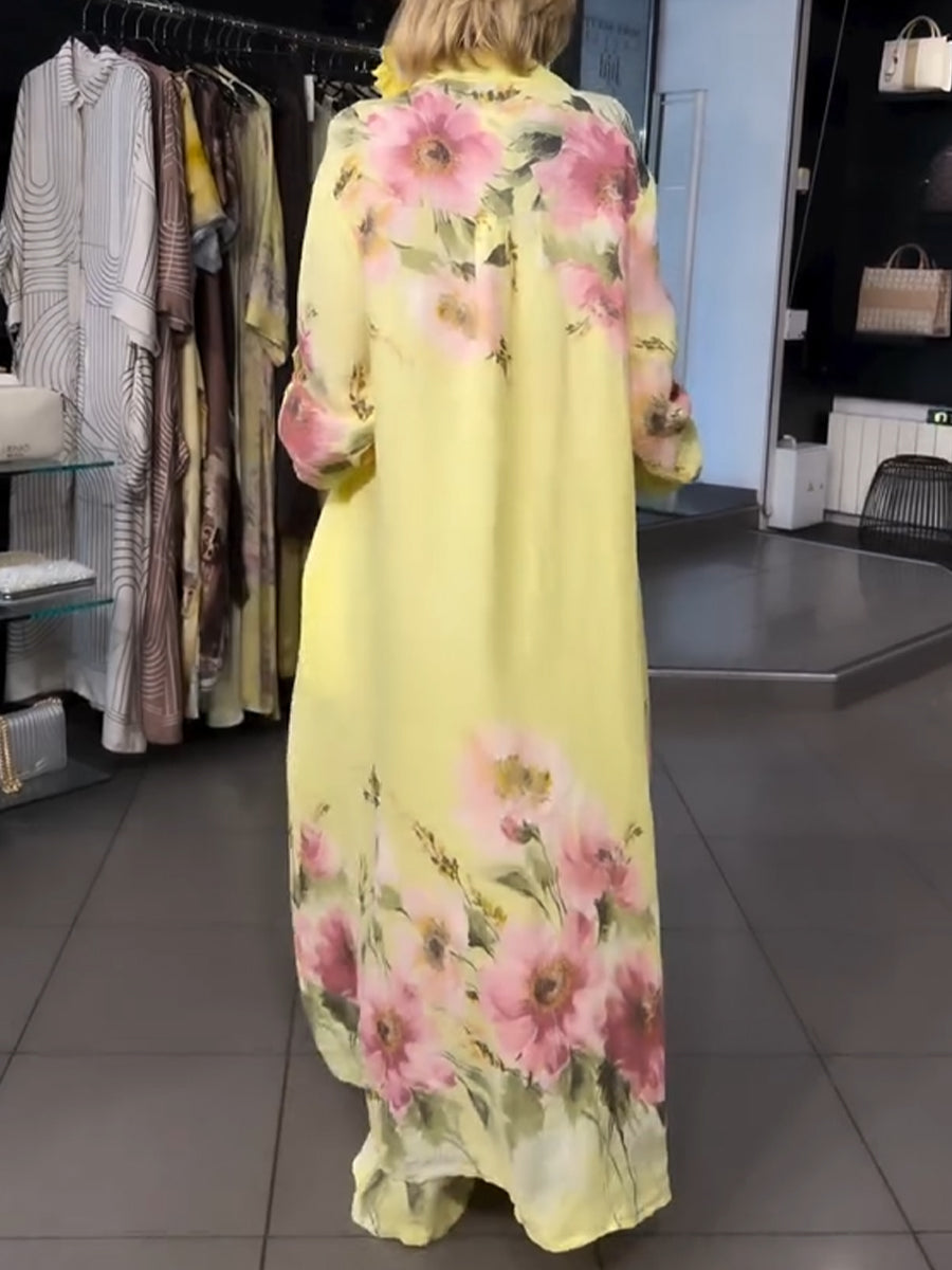 Loose-fit Casual Floral Print Linen-cotton Long Shirt And Trousers Two-piece Set