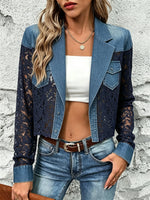 Women's Solid Hollow Lace Spliced Denim Cropped Blazer Jacket