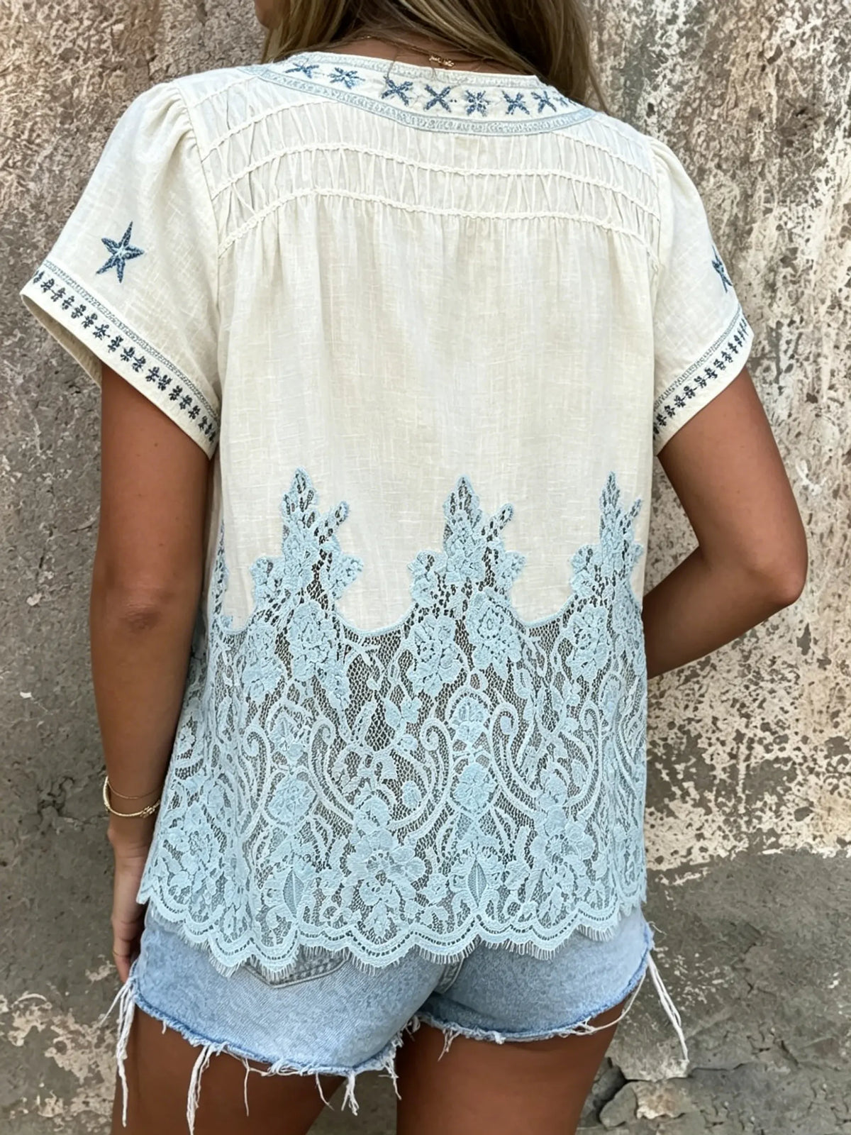 Women's Starfish Embroidery Hollow Lace Spliced V Neck Short Sleeve Blouse