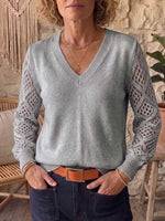 Women's Solid Color V-neck Long-sleeve Casual Loose Cut-out Knit Pullover