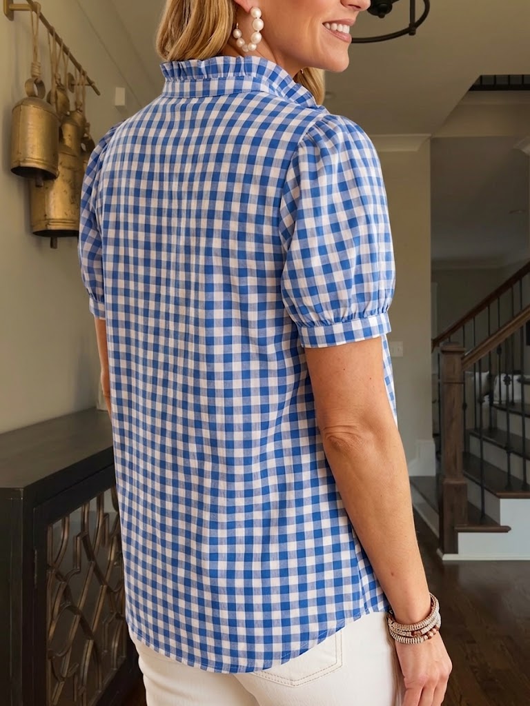 Casual Linen-cotton Plaid Shirt With A Ruffle Collar