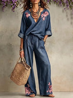 Boho-chic Floral Embroidered Tencel Denim Two-piece Set