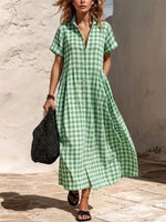 Loose And Comfortable Plaid Cotton-linen Shirt Dress