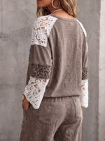 Vintage Elegant Floral Embroidered Cutout Lace Leopard Patchwork Denim T-shirt