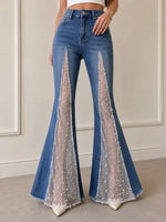Chic Pearl-Embellished Sheer Flared Jeans