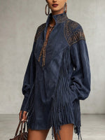 V-neck Embroidered Dress With Tassels