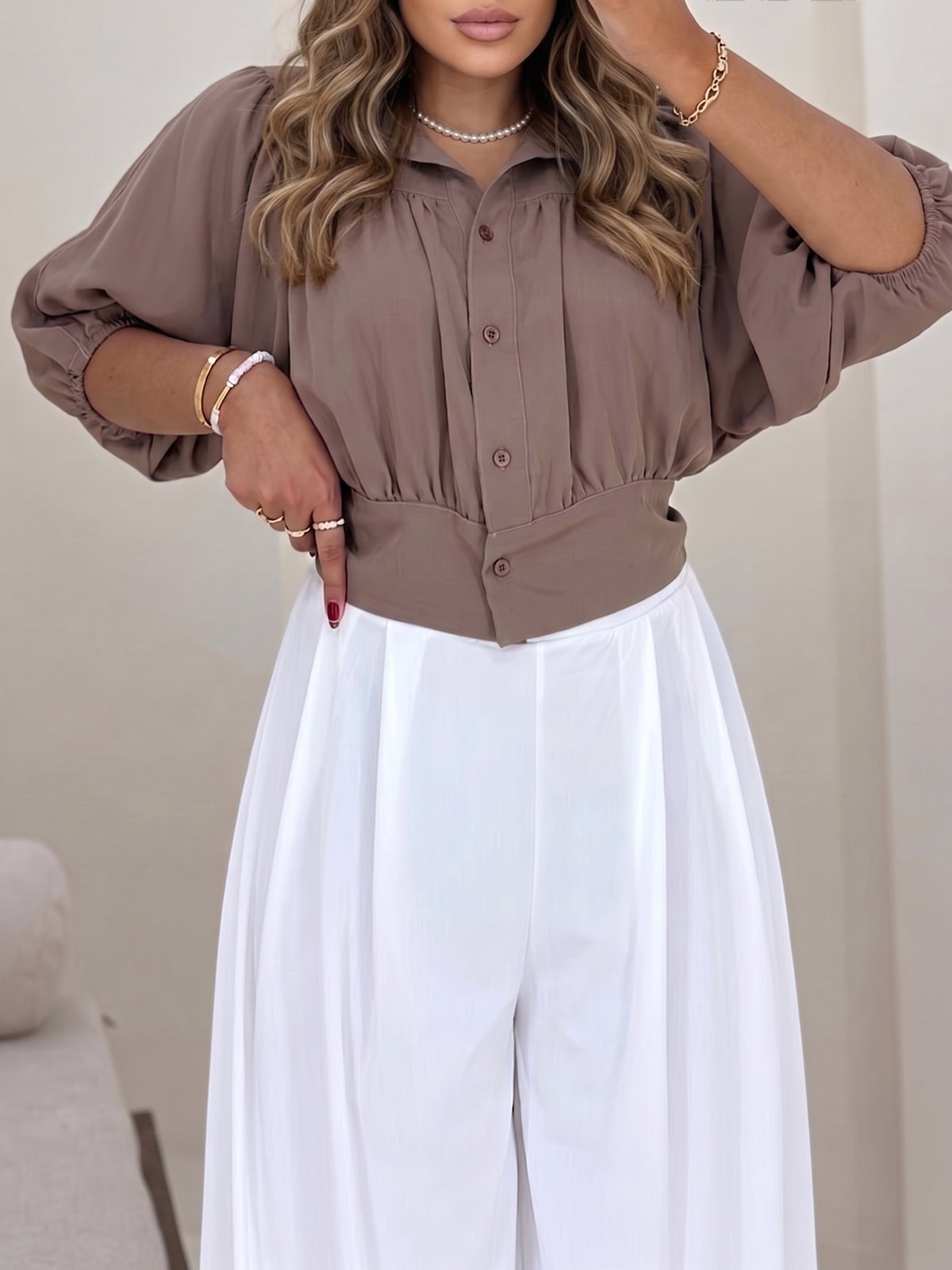 Women's Short-sleeved Collared Cropped Shirt