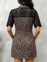 Casual Leopard-print Denim Mini Dress With Lace Paneling