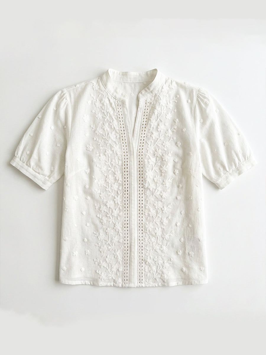 Floral Embroidered Cut-out Linen-cotton Shirt