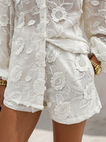 Womens 3D Floral Embroidery Sheer Shirt & Shorts Two Piece Set