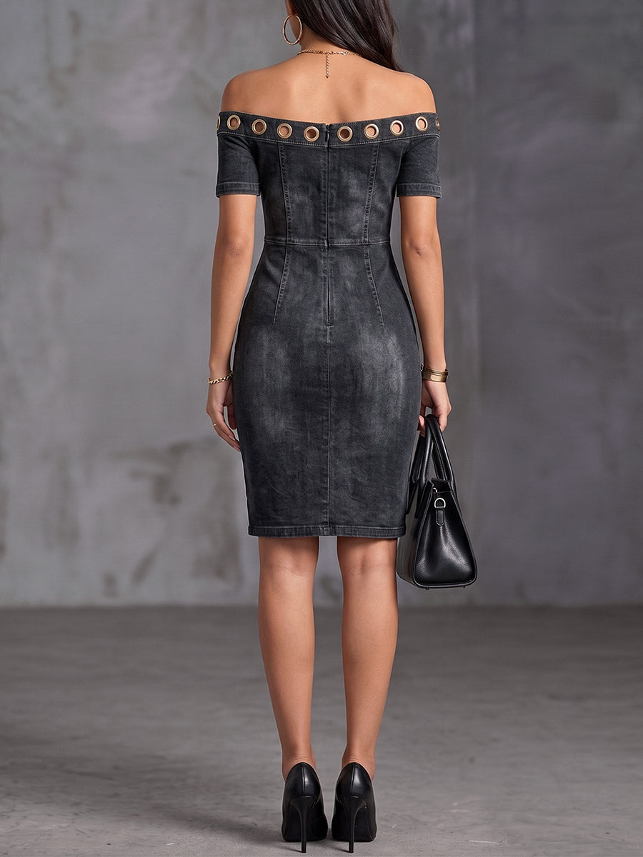 Women's Off-shoulder Short-sleeve Loose-fit Casual Denim Dress