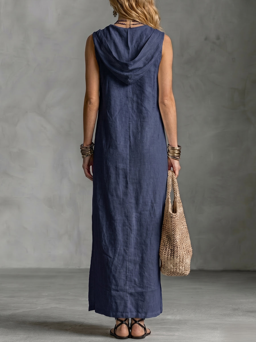 Casual Loose Sleeveless Long Dress With Single-breasted Buttons And A Stylish Hooded Design