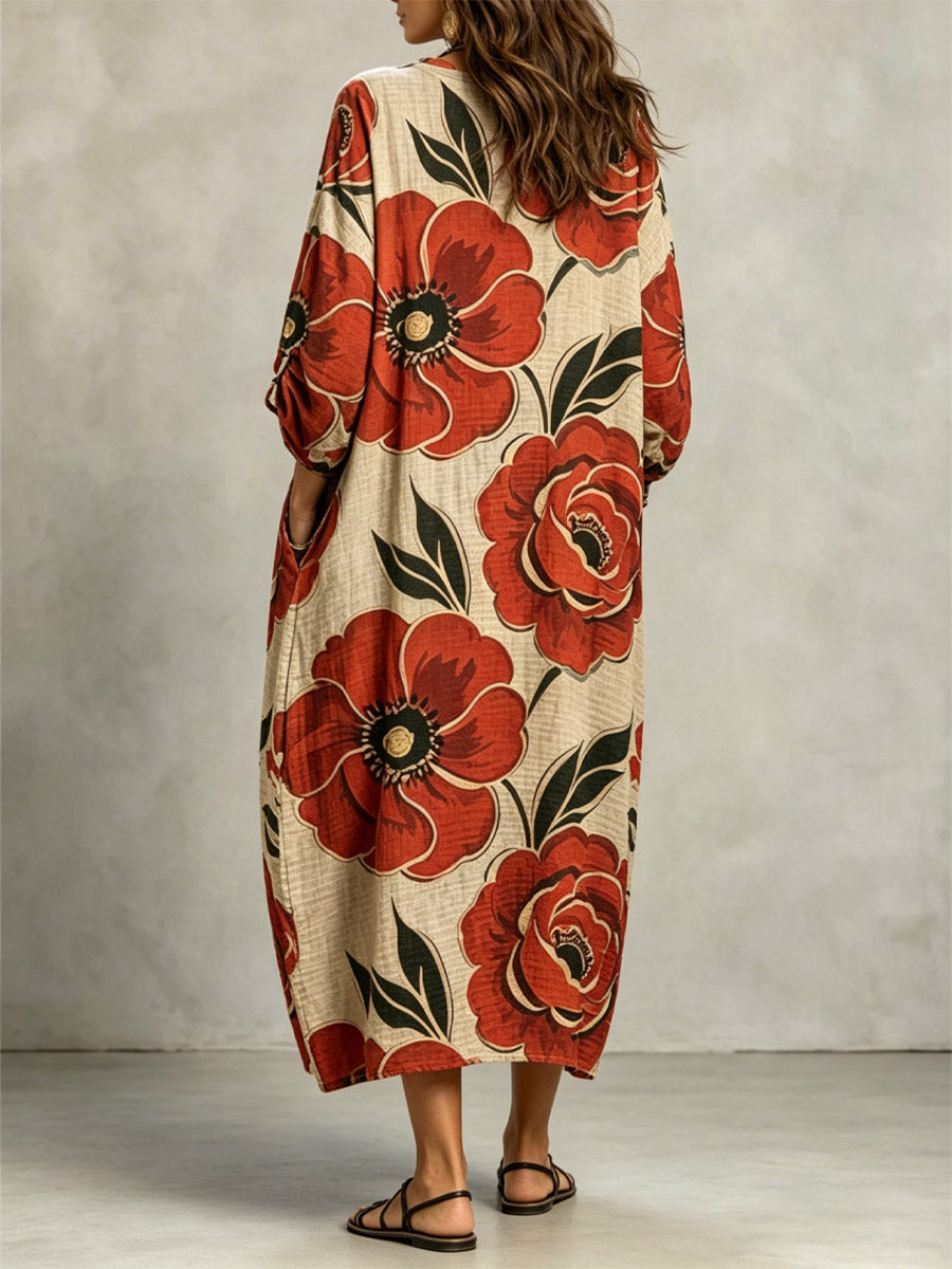 Women's Floral Art Print Casual Stylish Long Sleeve Maxi Cotton Linen Dress