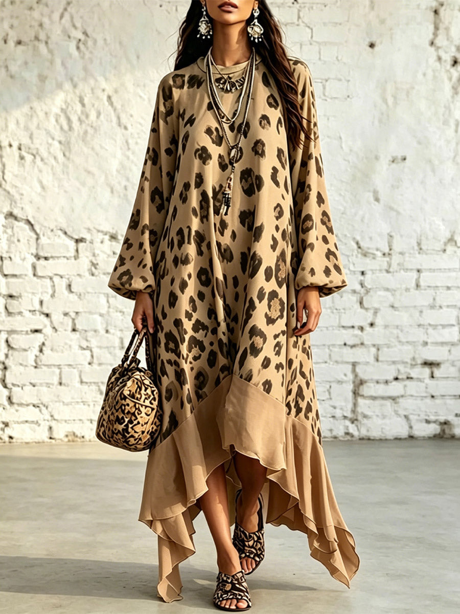 Women's Leopard Pattern Loose Art Casual Stylish Long Sleeve Dress
