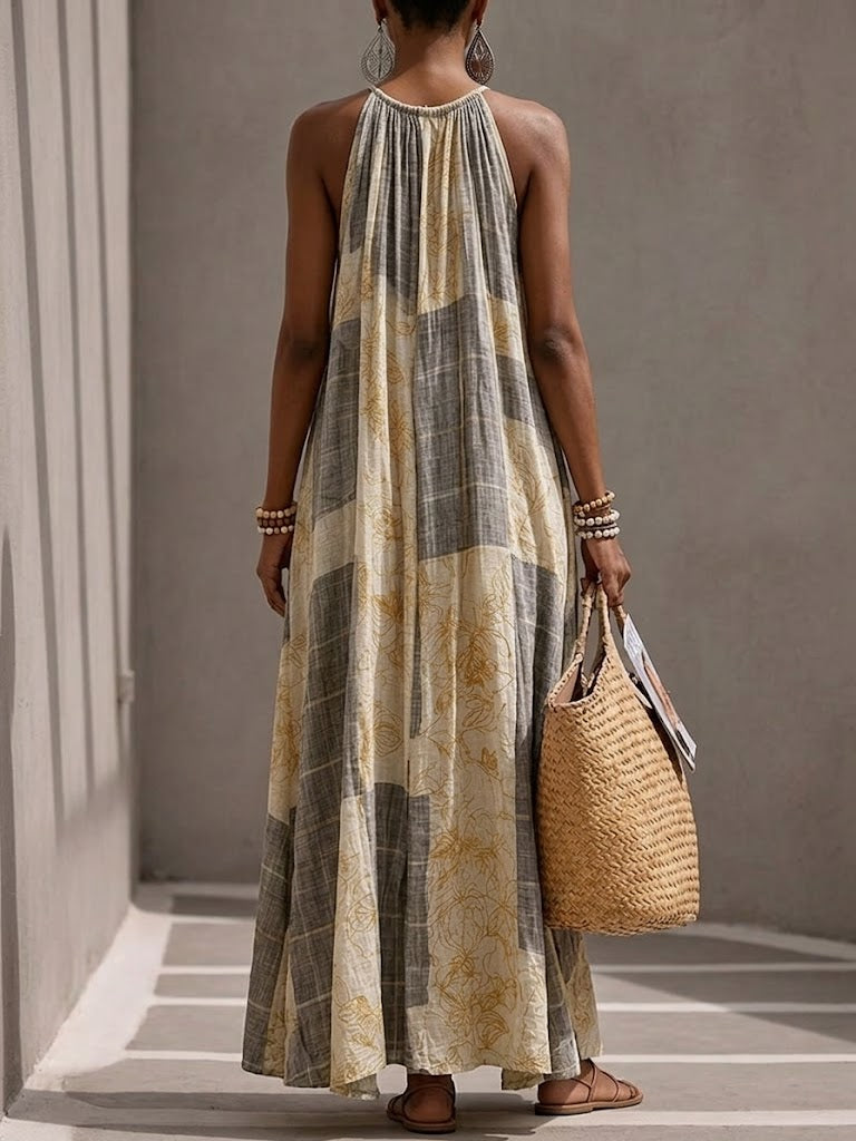 Bohemian Art-print Linen-cotton Maxi Dress
