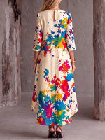 Women's Abstract Print Cotton-linen Dress – Casual Loose Fit, Crew Neck, 3/4 Sleeves