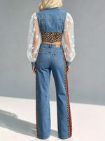 Women's Leopard Stripe Mesh Puff Sleeve Denim Top & Flare Pants Set