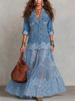 Denim V-neck Ankle-length Dress Featuring Appliqué, Cut-out Lace Paneling, And A Flowy Silhouette