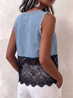 Vintage Art Comfortable Summer Fabrics Denim Patchwork Lace Sleeveless Shirt