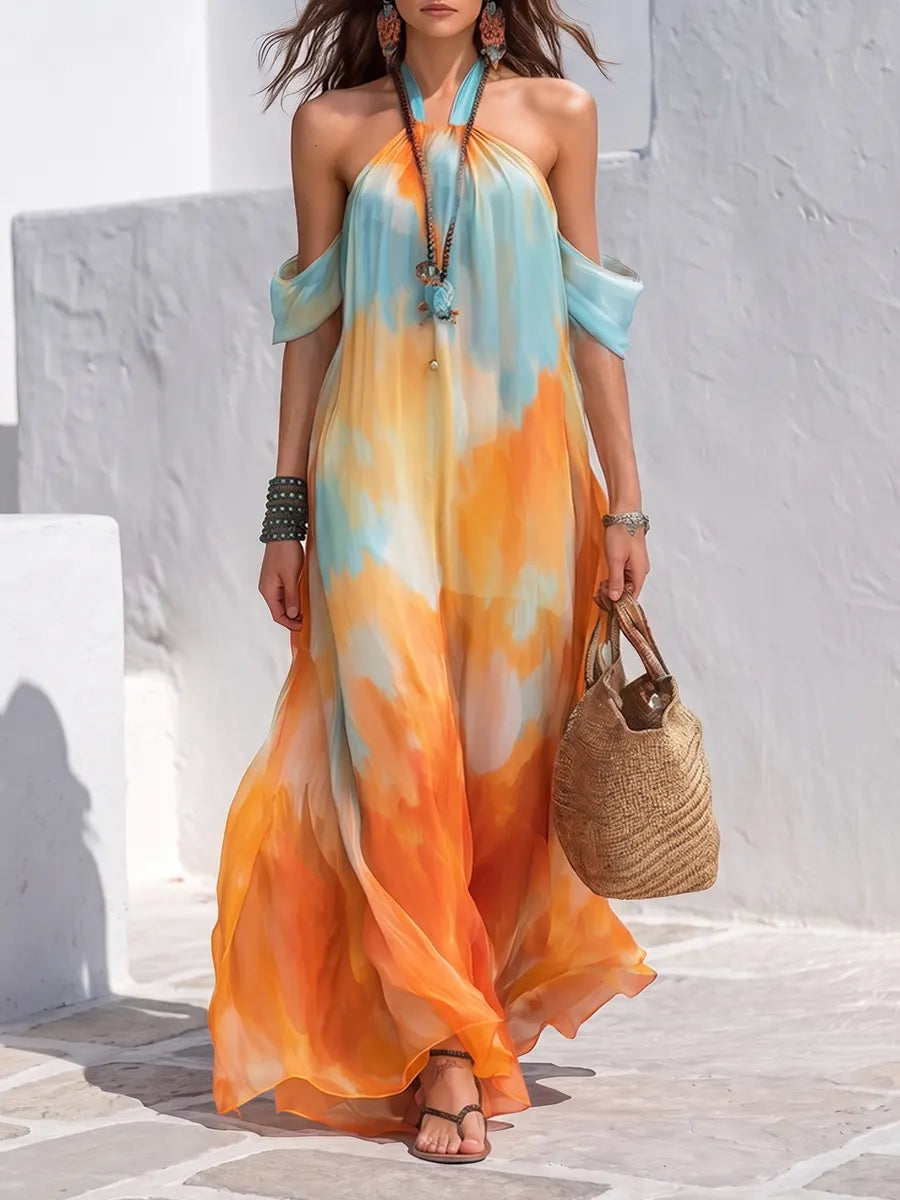 Vibrant Watercolor Halter Chiffon Maxi Dress