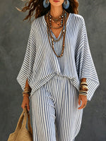 Women's Striped Art Casual Long Sleeve Top And Pants Cotton And Linen Two-piece Set