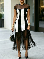 Women's Striped Pattern Fringe Chic Art Casual Stylish Midi Dress