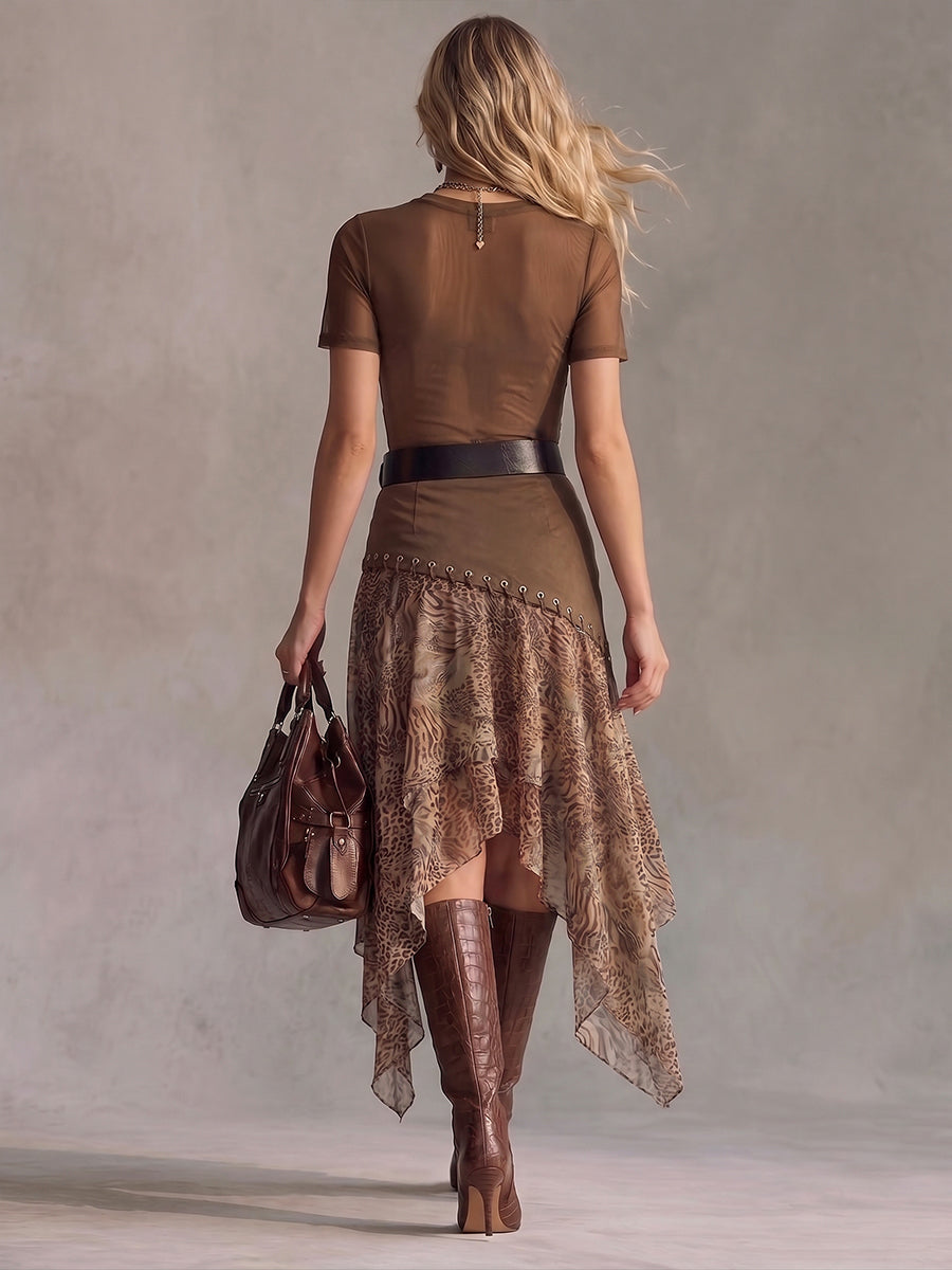 Stylish Casual Cotton Midi Skirt With Leopard-print Paneling And Asymmetrical Hem