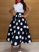 Retro Elegant Cotton Sleeveless Shirt And Polka-dot A-line Skirt Two-piece Set