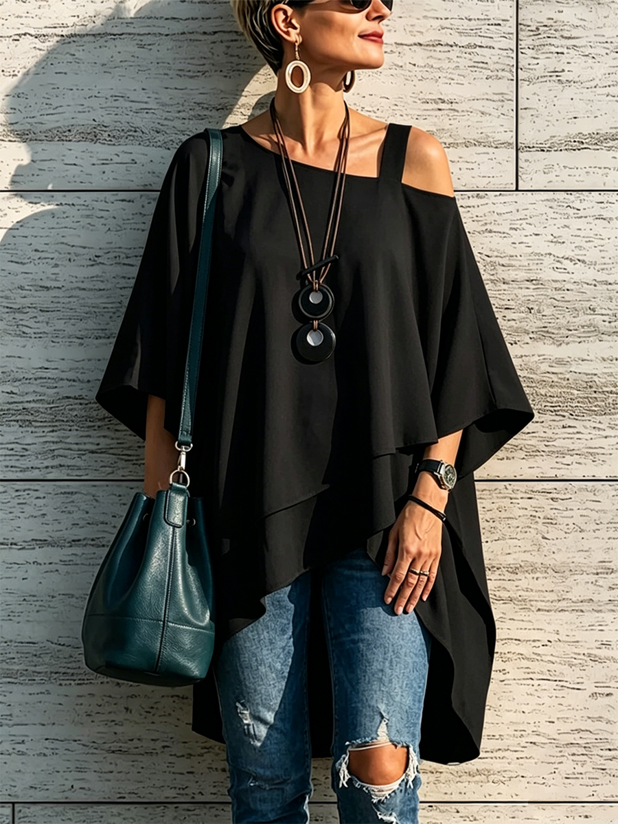 Asymmetrical Off-shoulder Top With A Single Spaghetti Strap, Irregular Hem, And Loose Fit