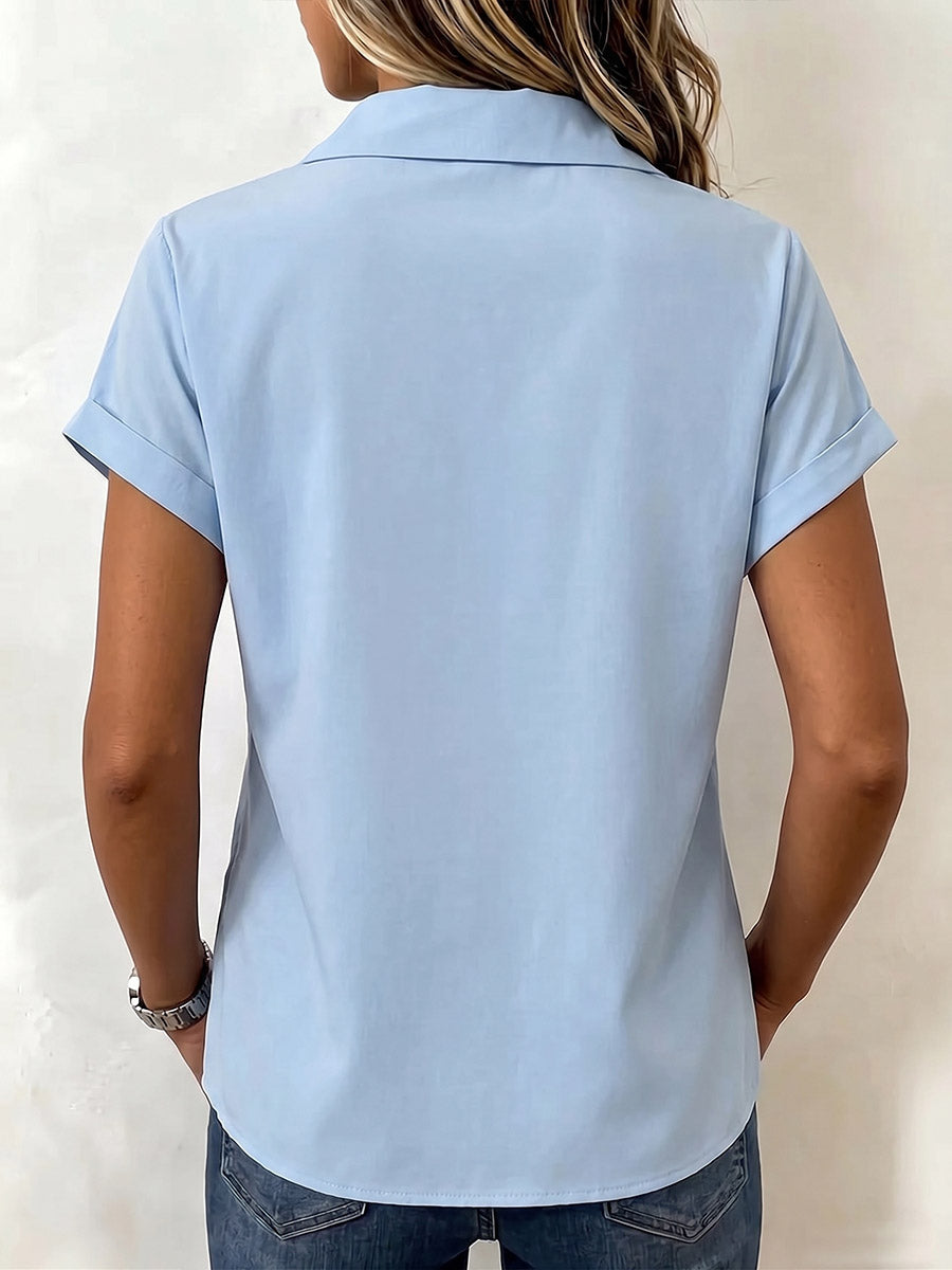 Women's Solid-color Short-sleeve Cotton-linen Shirt With Lapel, Pleated Detail, And Loose Casual Fit